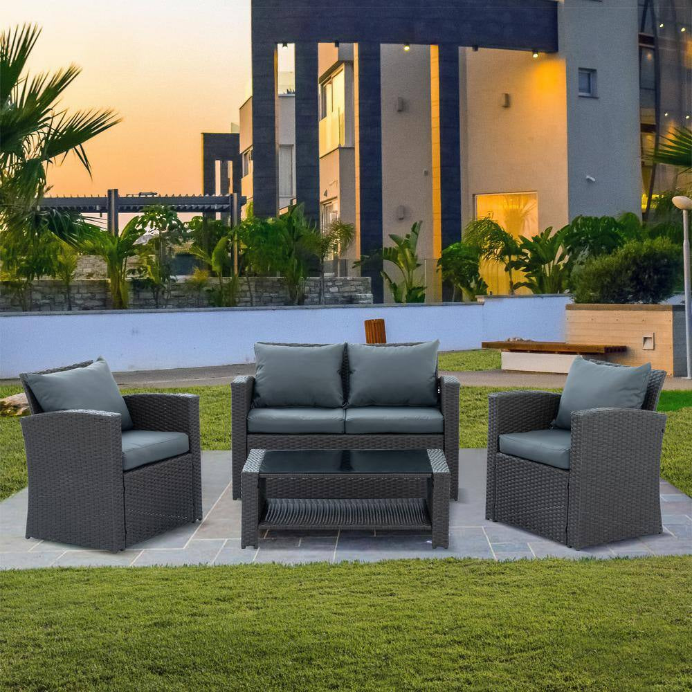 4 Piece Patio Furniture Outdoor Furniture Seasonal PE Wicker Furniture with Blue Cushions