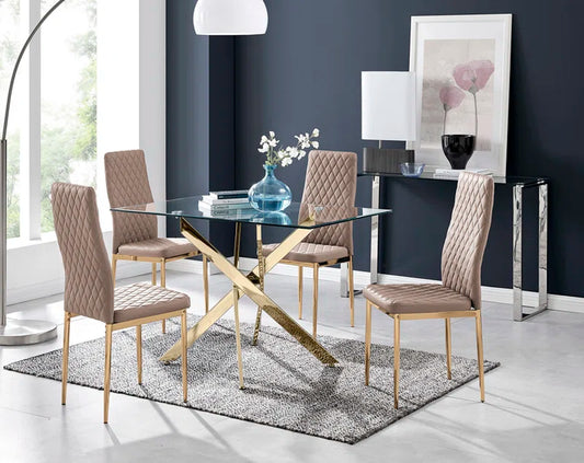 Lenworth Modern Chrome Metal and Glass Dining Table Set with 4 Luxury Faux Leather Dining Chairs